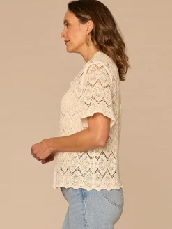 Short Sleeve Collared Button Down All-Over Crochet Petite Woven Top
