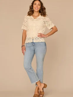 Short Sleeve Collared Button Down All-Over Crochet Woven Top
