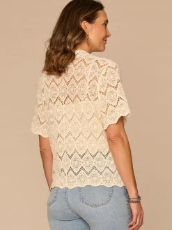 Short Sleeve Collared Button Down All-Over Crochet Woven Top