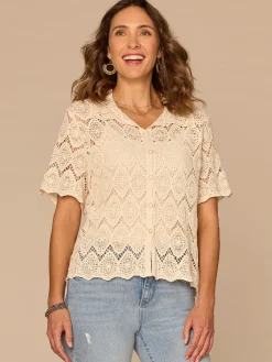 Short Sleeve Collared Button Down All-Over Crochet Woven Top