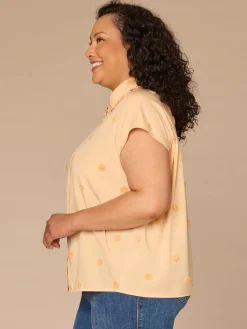 Short Sleeve Collared Button Down Textured Dot Plus Size Woven Top