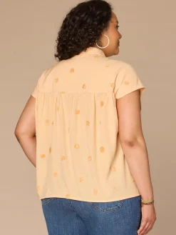 Short Sleeve Collared Button Down Textured Dot Plus Size Woven Top