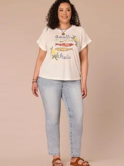 Short Sleeve Embroidered Neck Printed Plus Size Knit Boyfriend Tee