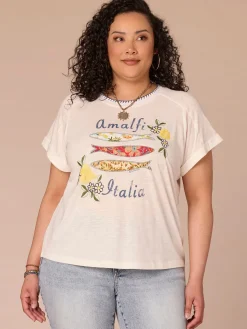 Short Sleeve Embroidered Neck Printed Plus Size Knit Boyfriend Tee