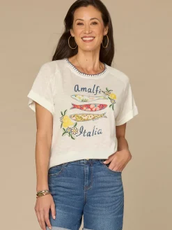 Short Sleeve Embroidered Scoop Neck Screen Print Knit Boyfriend Tee