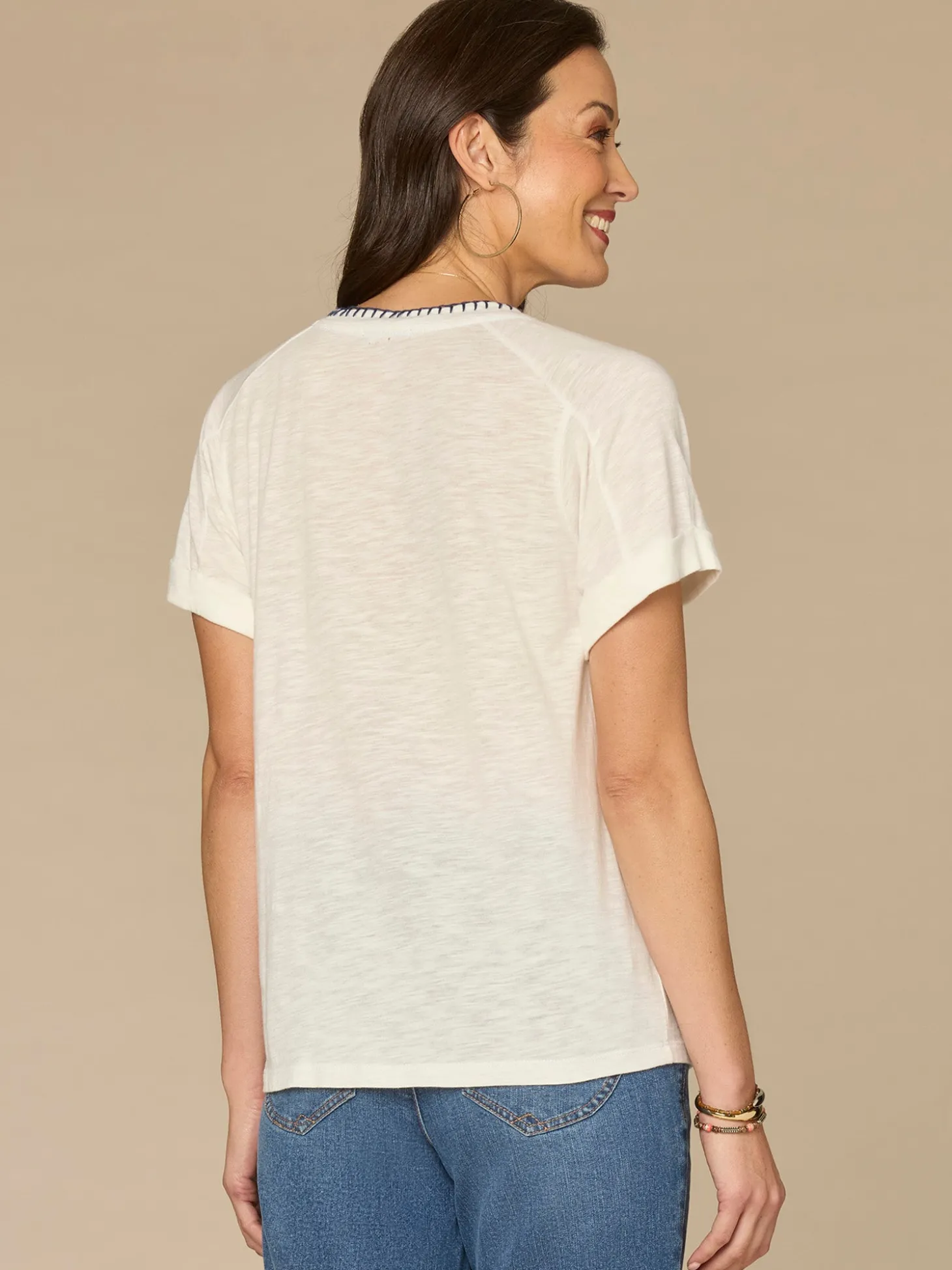 Short Sleeve Embroidered Scoop Neck Screen Print Knit Boyfriend Tee