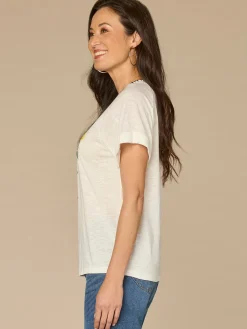 Short Sleeve Embroidered Scoop Neck Screen Print Knit Boyfriend Tee