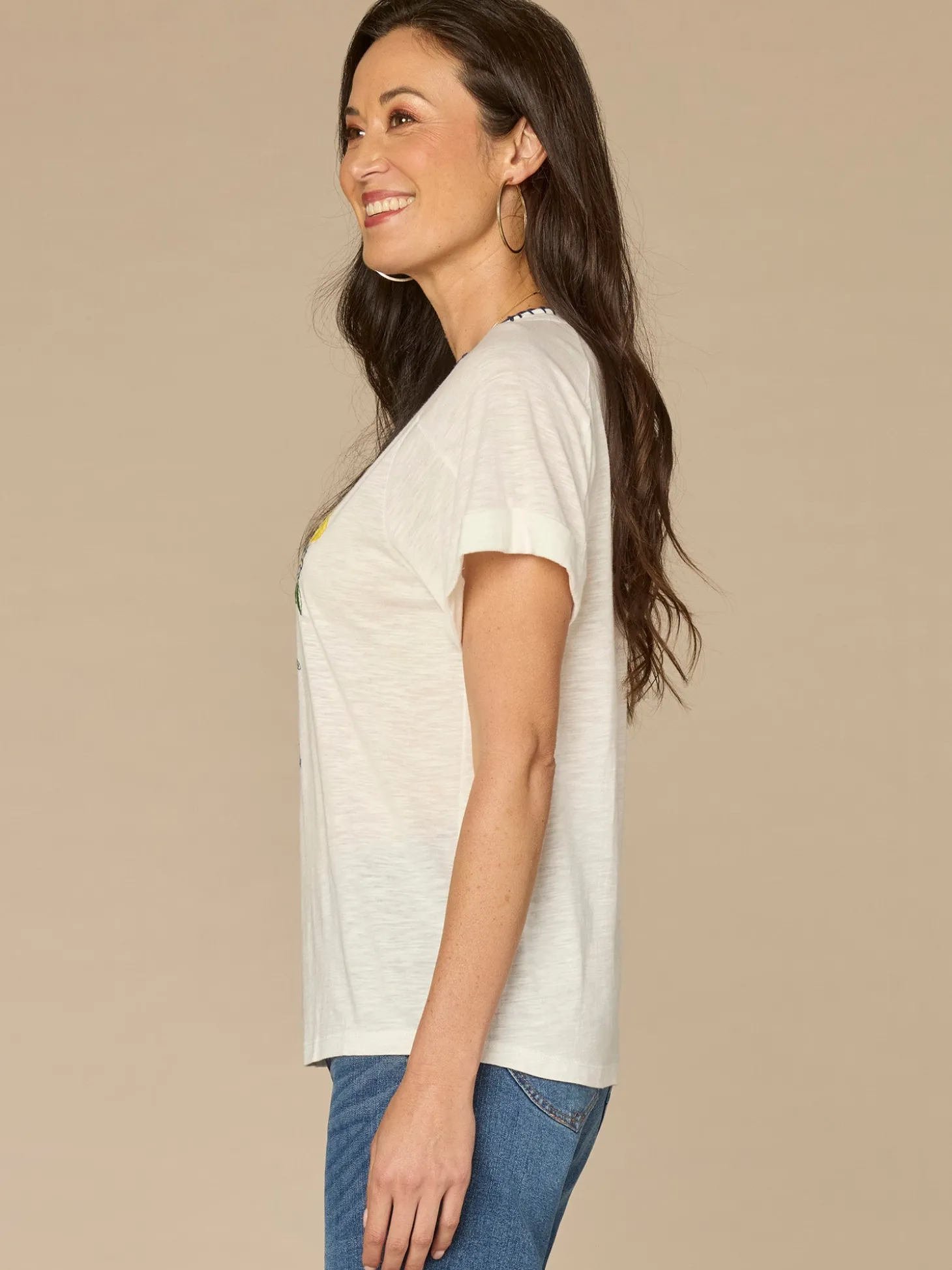 Short Sleeve Embroidered Scoop Neck Screen Print Knit Boyfriend Tee