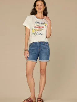 Short Sleeve Embroidered Scoop Neck Screen Print Knit Boyfriend Tee