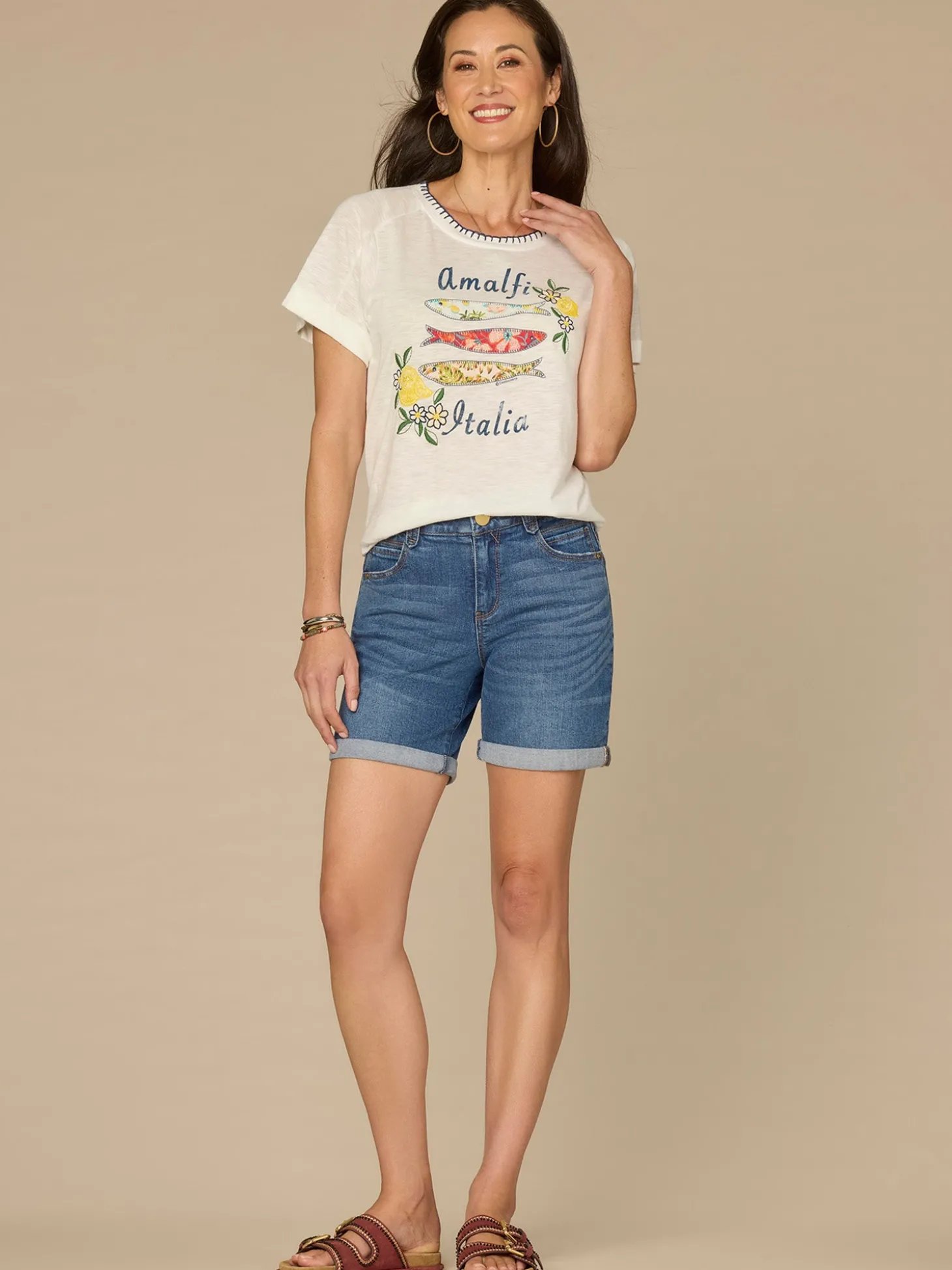Short Sleeve Embroidered Scoop Neck Screen Print Knit Boyfriend Tee