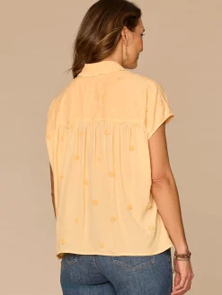 Short Sleeve Ruffle Collar Button Down Textured Dot Woven Top