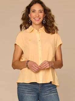 Short Sleeve Ruffle Collar Button Down Textured Dot Woven Top
