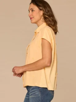 Short Sleeve Ruffle Collar Button Down Textured Dot Woven Top