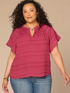 Short Sleeve Ruffle Split Neck Embroidered Plus Size Woven Top