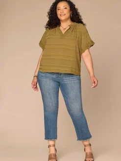 Short Sleeve Ruffle Split Neck Embroidered Plus Size Woven Top