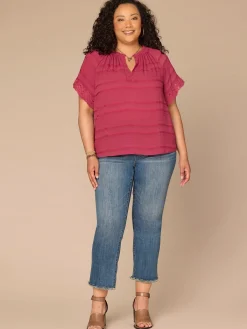Short Sleeve Ruffle Split Neck Embroidered Plus Size Woven Top