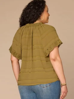 Short Sleeve Ruffle Split Neck Embroidered Plus Size Woven Top