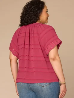 Short Sleeve Ruffle Split Neck Embroidered Plus Size Woven Top