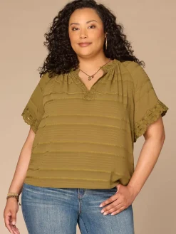 Short Sleeve Ruffle Split Neck Embroidered Plus Size Woven Top