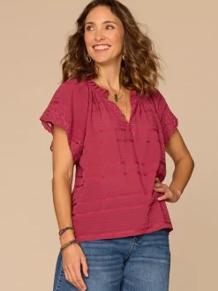 Short Sleeve Ruffle Split Neck Embroidered Petite Woven Top