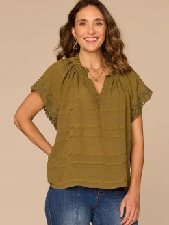 Short Sleeve Ruffle Split Neck Embroidered Petite Woven Top