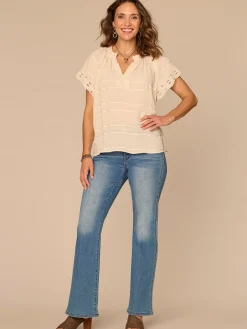 Short Sleeve Ruffle Split Neck Embroidered Petite Woven Top