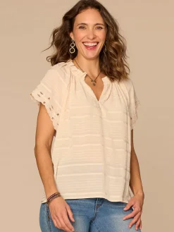 Short Sleeve Ruffle Stand Collar Split Neck Embroidered Woven Top