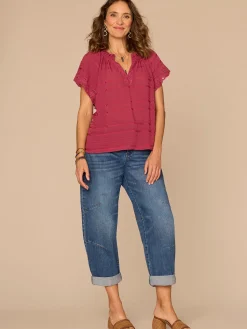 Short Sleeve Ruffle Stand Collar Split Neck Embroidered Woven Top