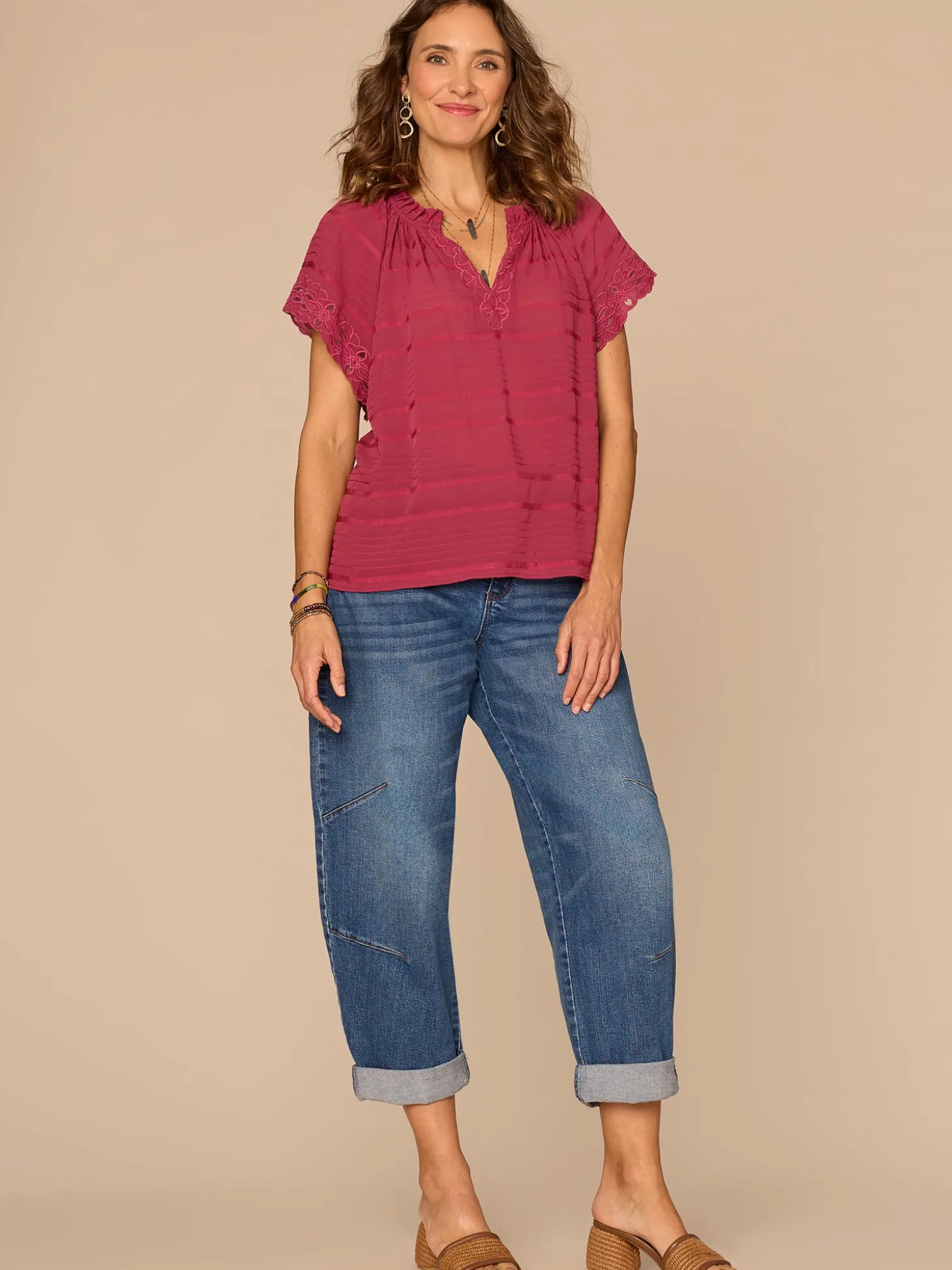 Short Sleeve Ruffle Stand Collar Split Neck Embroidered Woven Top