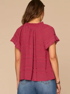 Short Sleeve Ruffle Stand Collar Split Neck Embroidered Woven Top