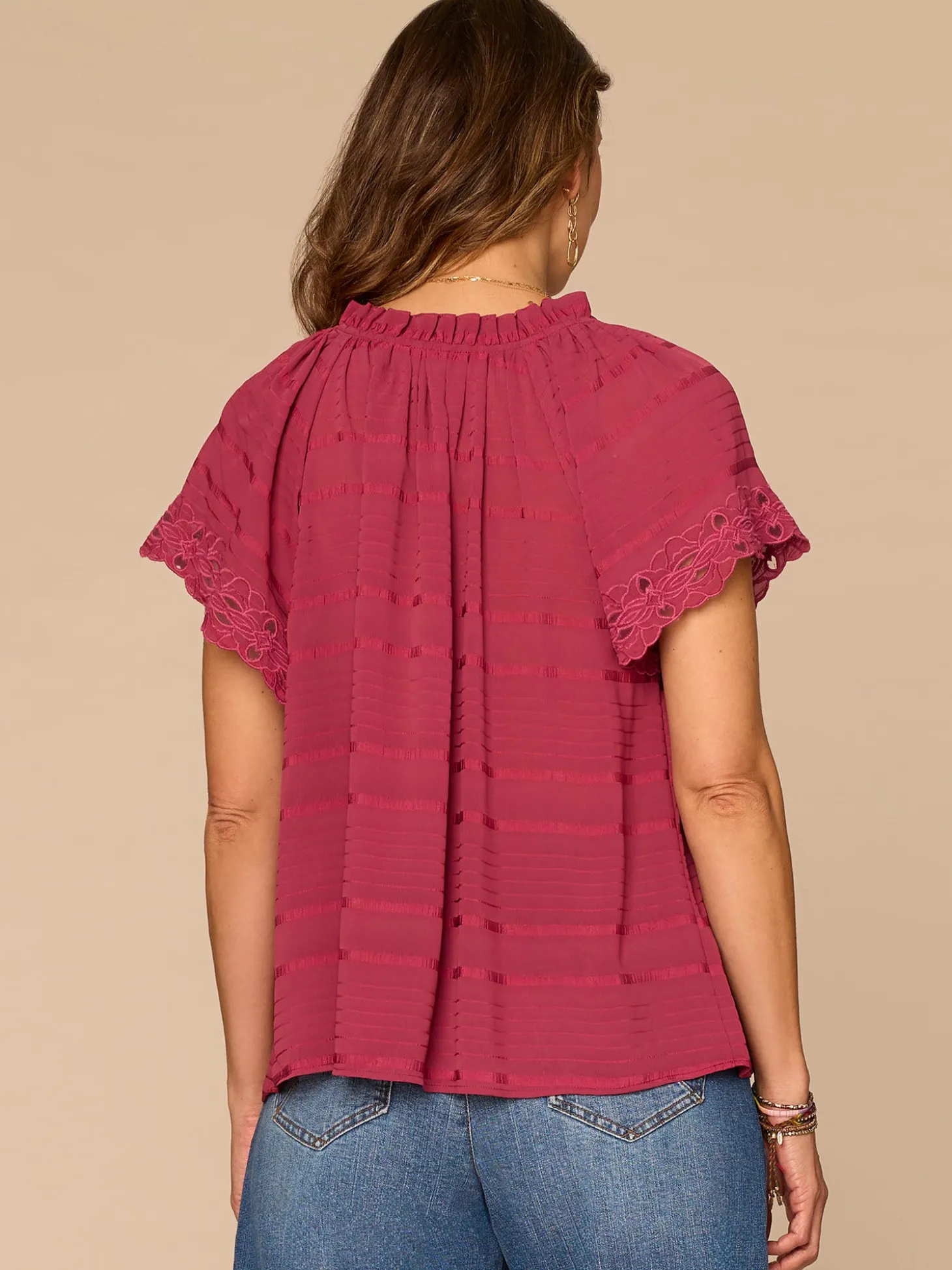 Short Sleeve Ruffle Stand Collar Split Neck Embroidered Woven Top