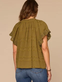 Short Sleeve Ruffle Stand Collar Split Neck Embroidered Woven Top