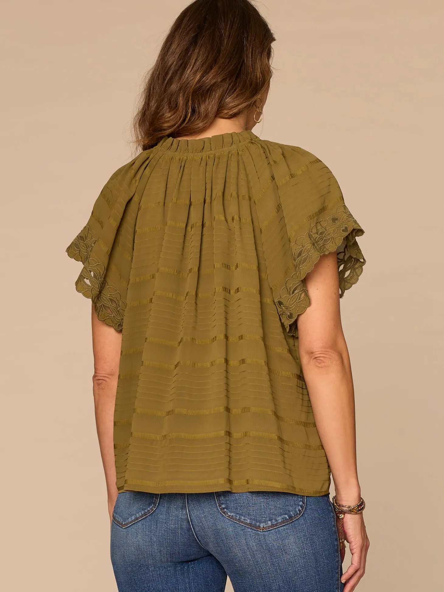 Short Sleeve Ruffle Stand Collar Split Neck Embroidered Woven Top