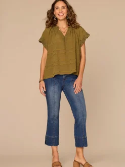 Short Sleeve Ruffle Stand Collar Split Neck Embroidered Woven Top