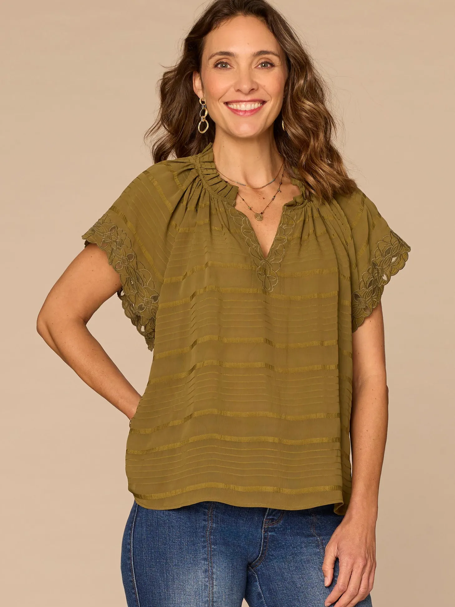 Short Sleeve Ruffle Stand Collar Split Neck Embroidered Woven Top
