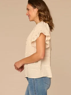 Short Sleeve Ruffle Stand Collar Split Neck Embroidered Woven Top
