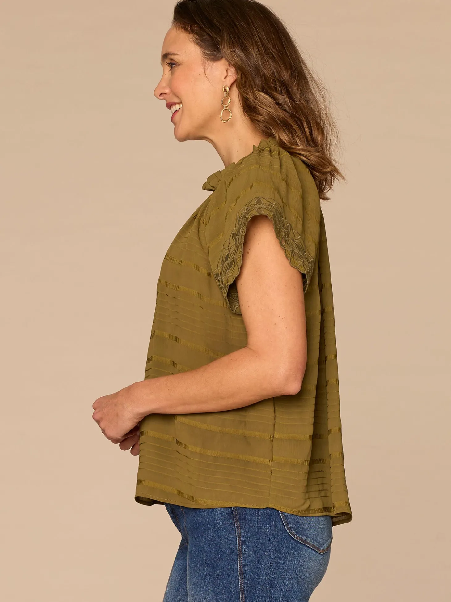 Short Sleeve Ruffle Stand Collar Split Neck Embroidered Woven Top