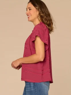 Short Sleeve Ruffle Stand Collar Split Neck Embroidered Woven Top