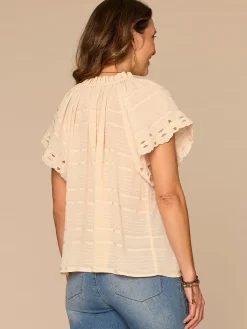 Short Sleeve Ruffle Stand Collar Split Neck Embroidered Woven Top