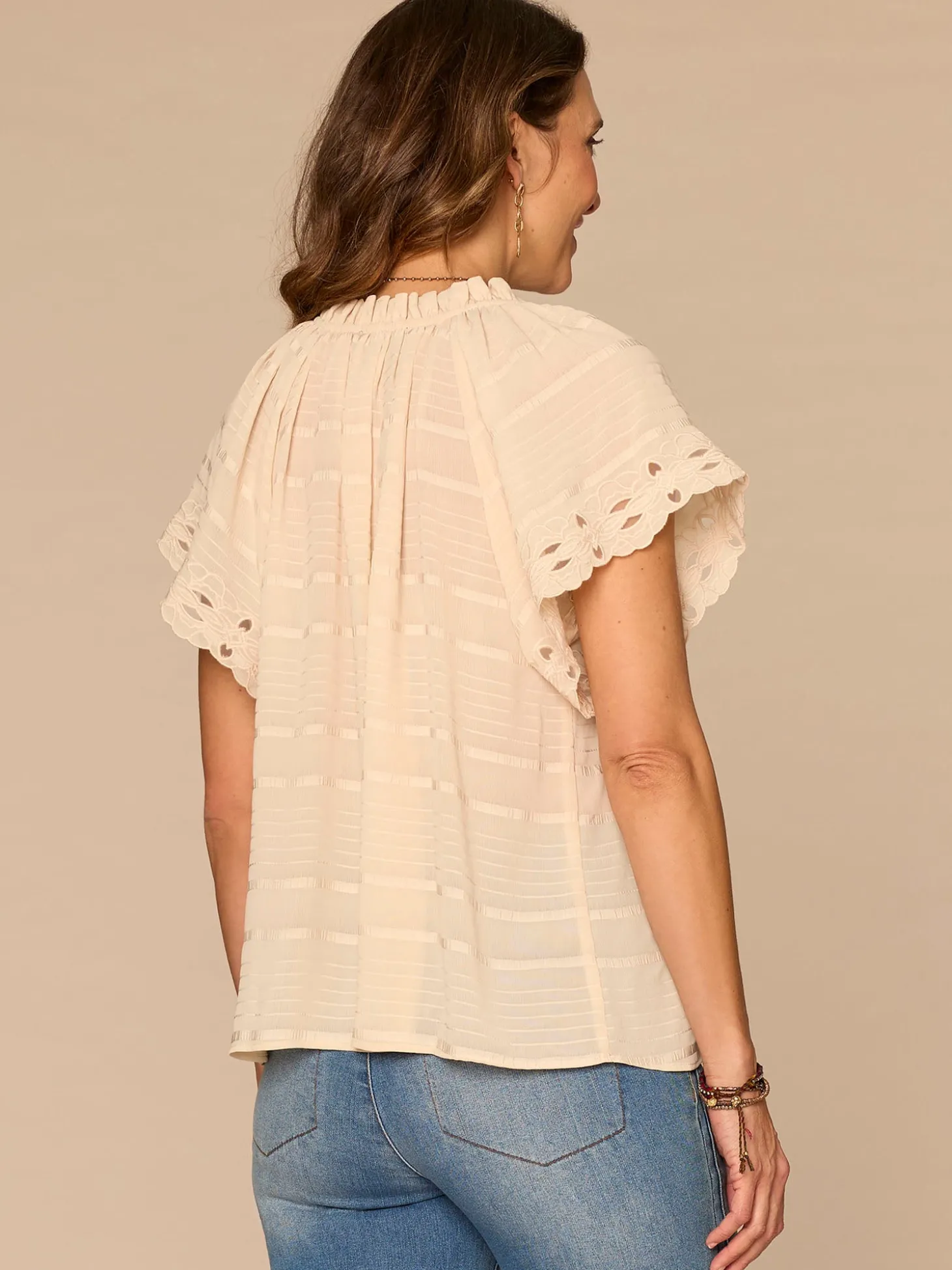 Short Sleeve Ruffle Stand Collar Split Neck Embroidered Woven Top