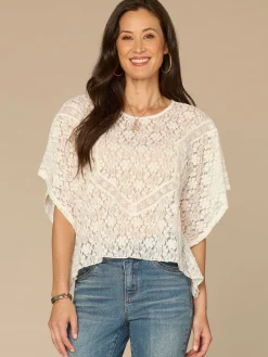 Short Sleeve Scoop Neck All Over Lace Petite Knit Poncho