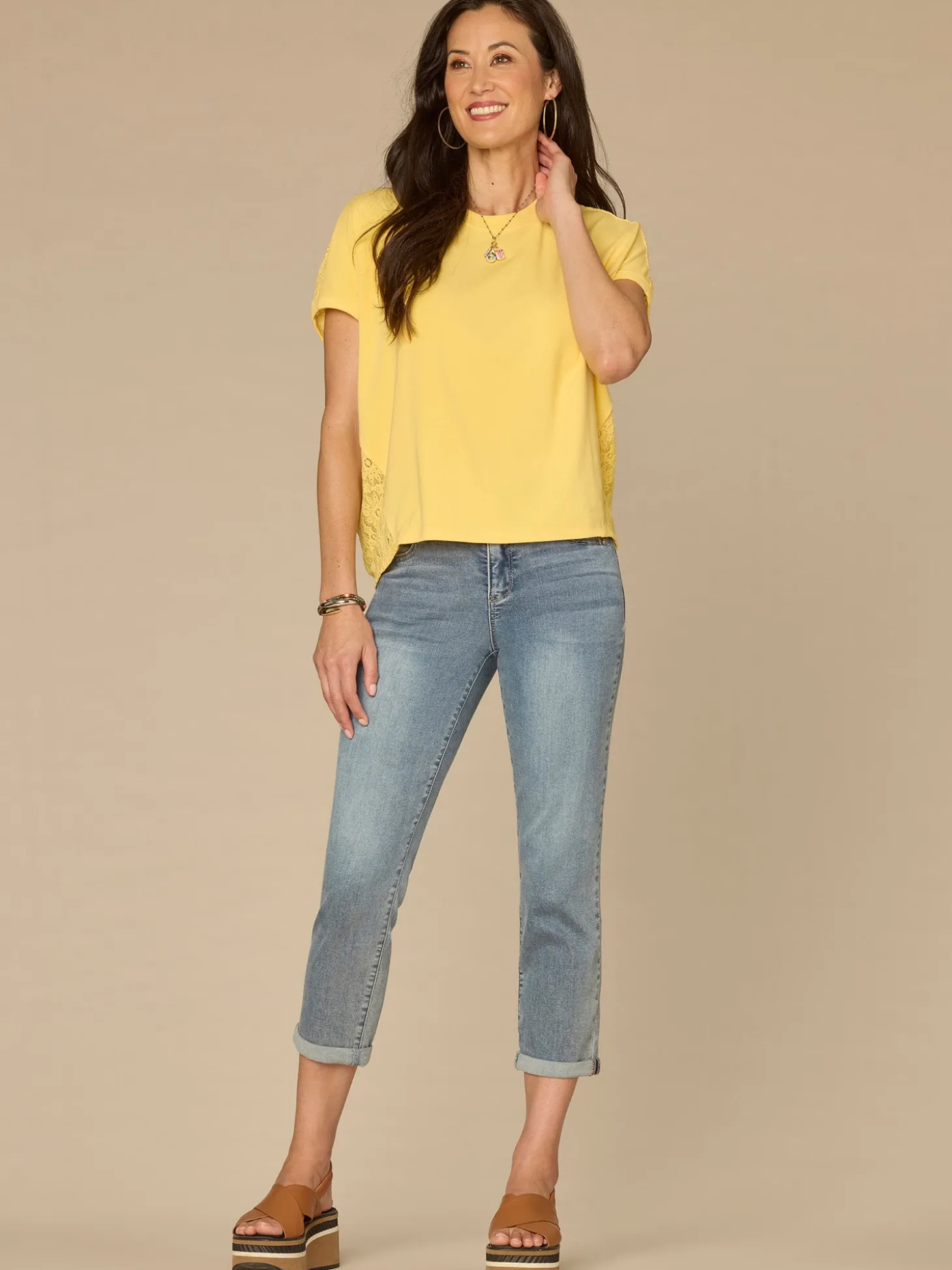 Short Sleeve Scoop Neck Hi-Low Hem Mixed Media Knit Top with Lace Back