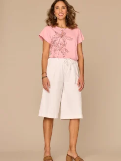 Short Sleeve Scoop Neck Palm Tree Embroidered Knit Boyfriend Tee