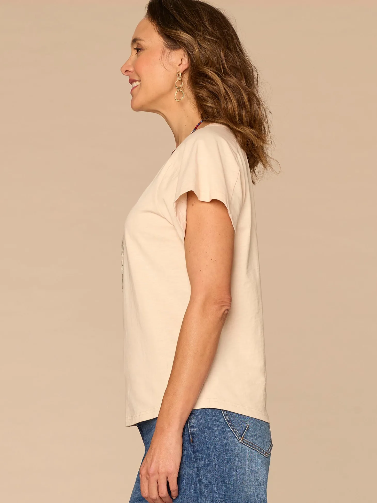 Short Sleeve Scoop Neck Palm Tree Embroidered Knit Boyfriend Tee