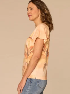 Short Sleeve Scoop Neck Palm Tree Print Petite Knit Boyfriend Tee