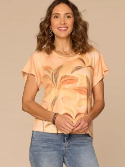 Short Sleeve Scoop Neck Palm Tree Placement Print Knit Boyfriend Tee