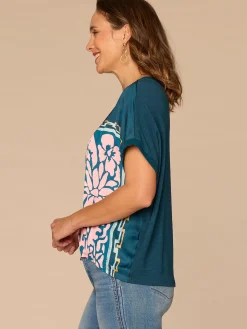 Short Sleeve Scoop Neck Placement Print Mixed Media Petite Knit Top