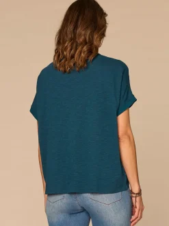 Short Sleeve Scoop Neck Placement Print Mixed Media Petite Knit Top