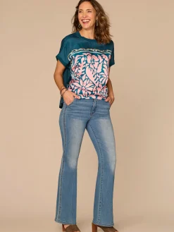 Short Sleeve Scoop Neck Placement Print Mixed Media Petite Knit Top