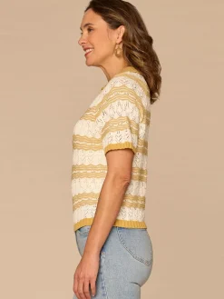 Short Sleeve V-Placket Novelty Stitch Stripe Petite Sweater Polo Top